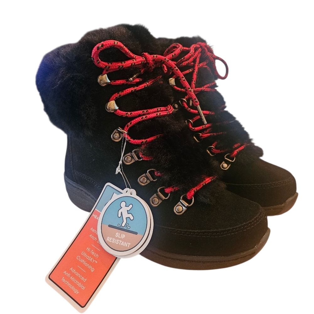 NWT Aetrex Jodie Black Fur Lined Mid Calf Ankle Winter‎ Boots, Size 6-6.5